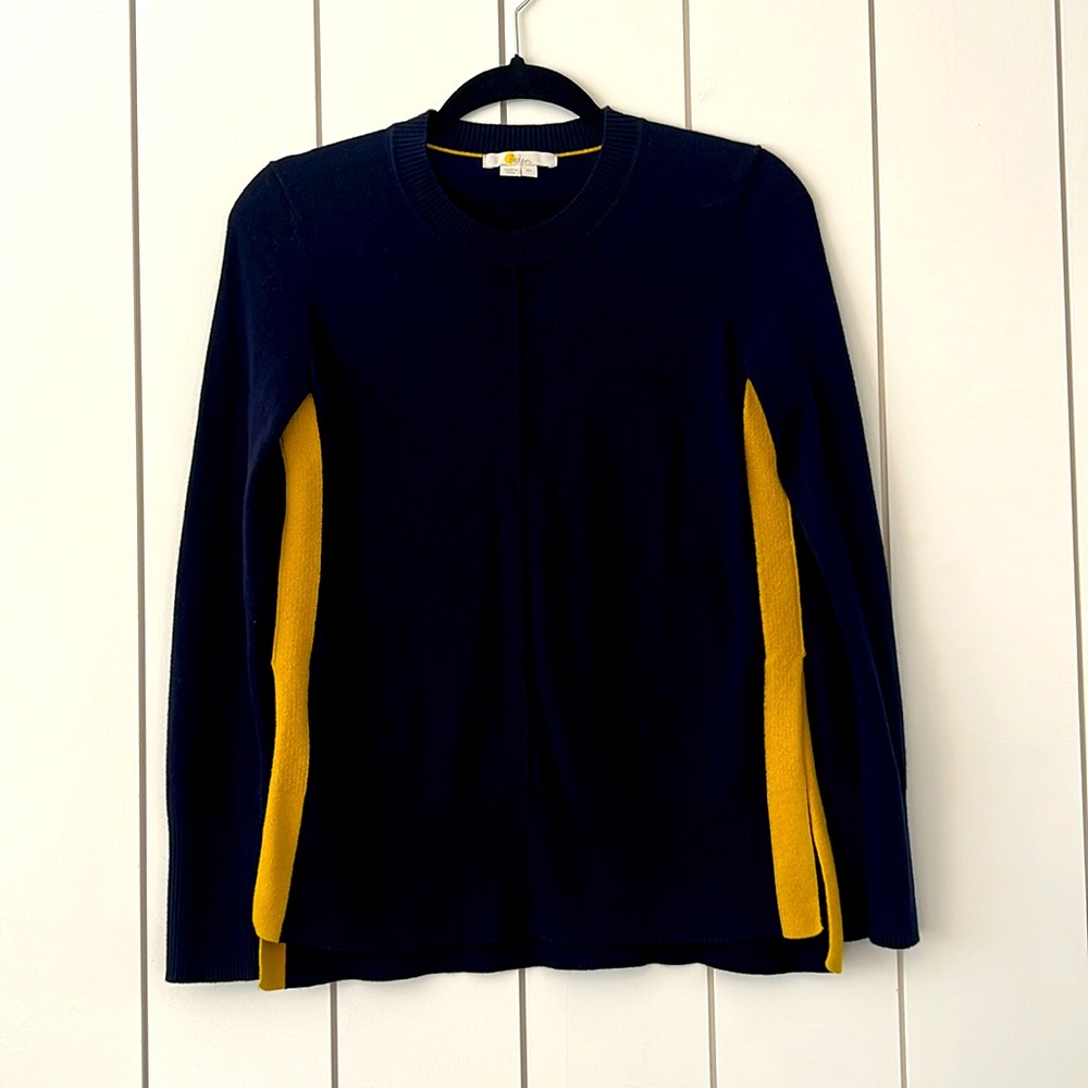 Navy blue with side yellow stripe sweater by Boden. Size XS.